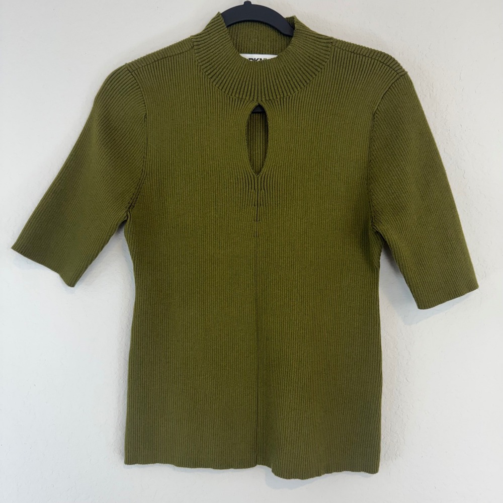 DKNY Ribbed Keyhole Sweater Women Large Olive Green Mock Neck Top Preppy Classic
